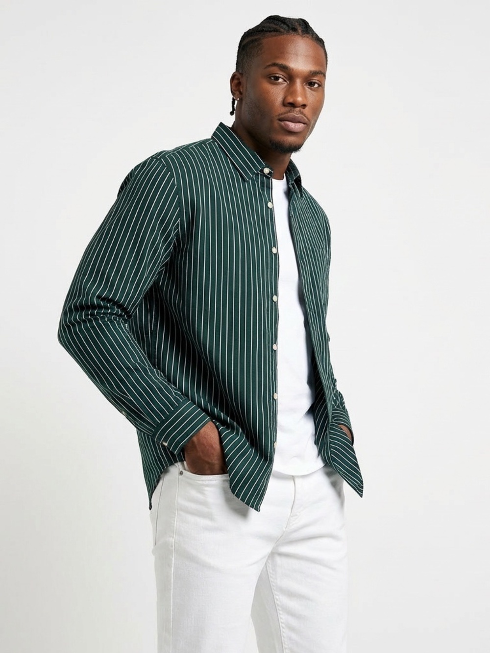 Korean Fashion | H:CONNECT | Men's Forest Green Pinstripe Shirt | US M